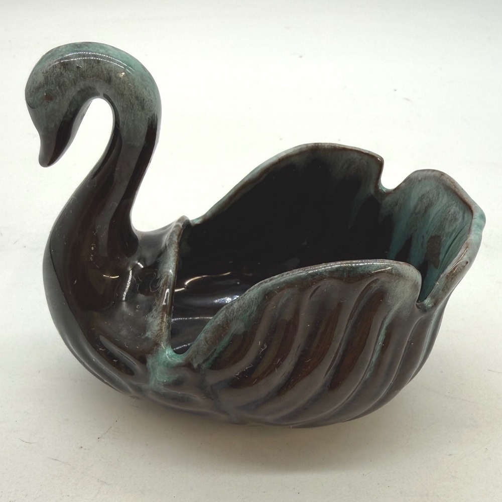 Vtg Mid Century Modern Swan Planter Brown Teal Drip Glaze Ceramic Art Pottery